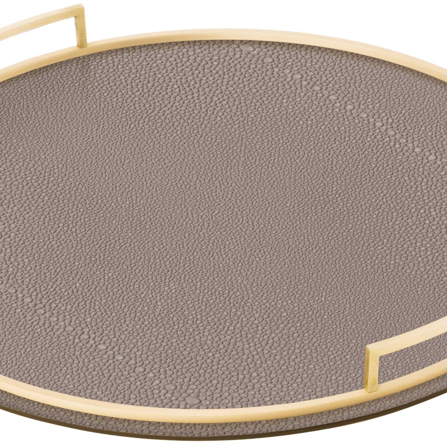 Close up of round clay brown shagreen textured Italian leather tray with brass handles