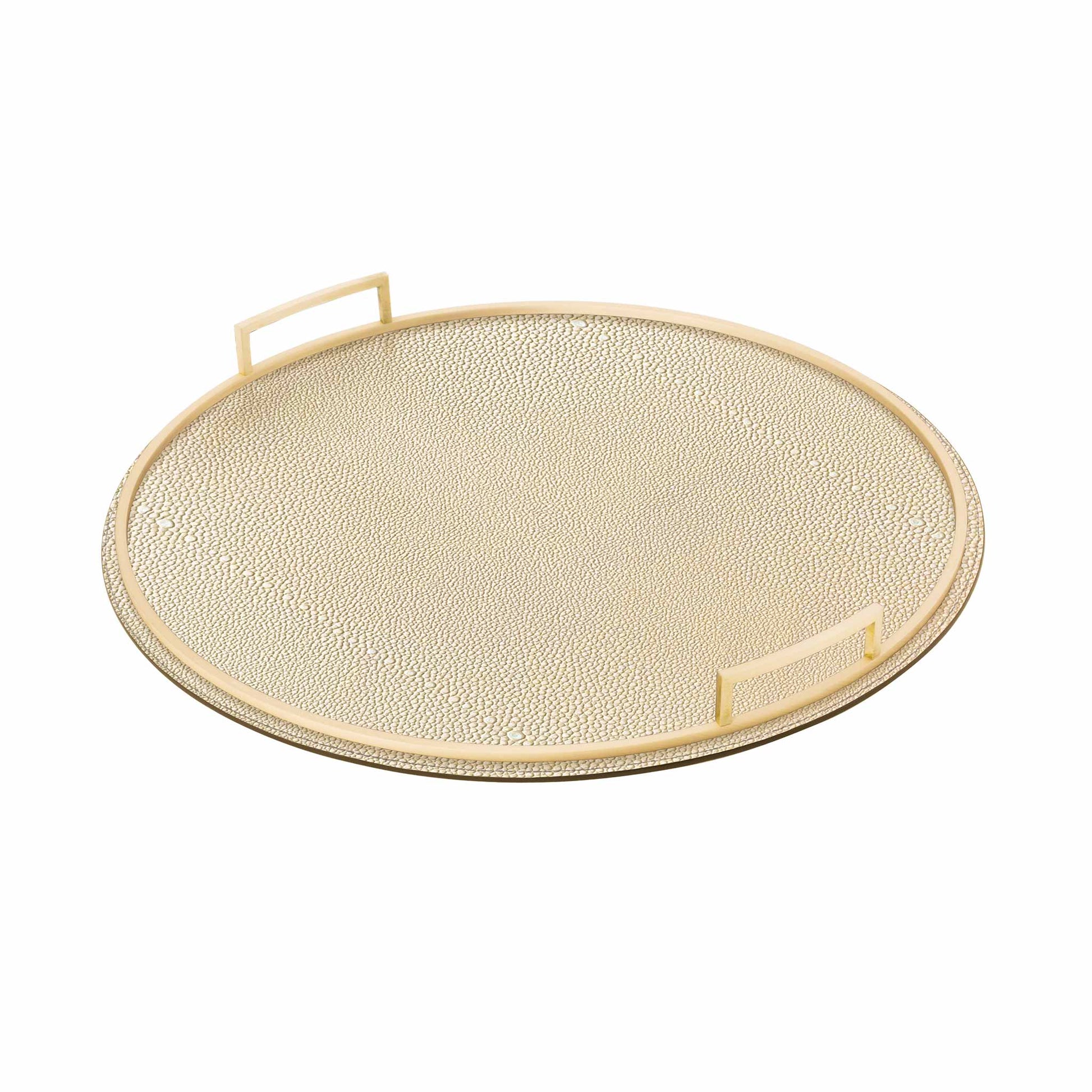 Round cream shagreen textured Italian leather tray with brass handles