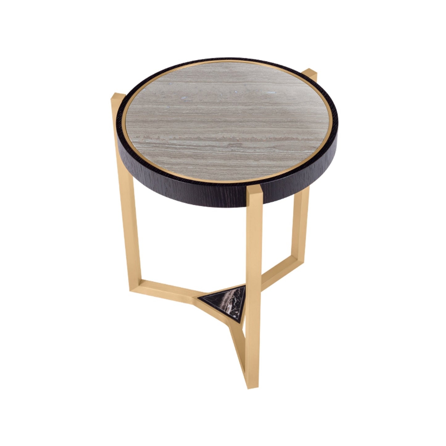 smaller nesting table with a brushed brass frame and stone inlay.