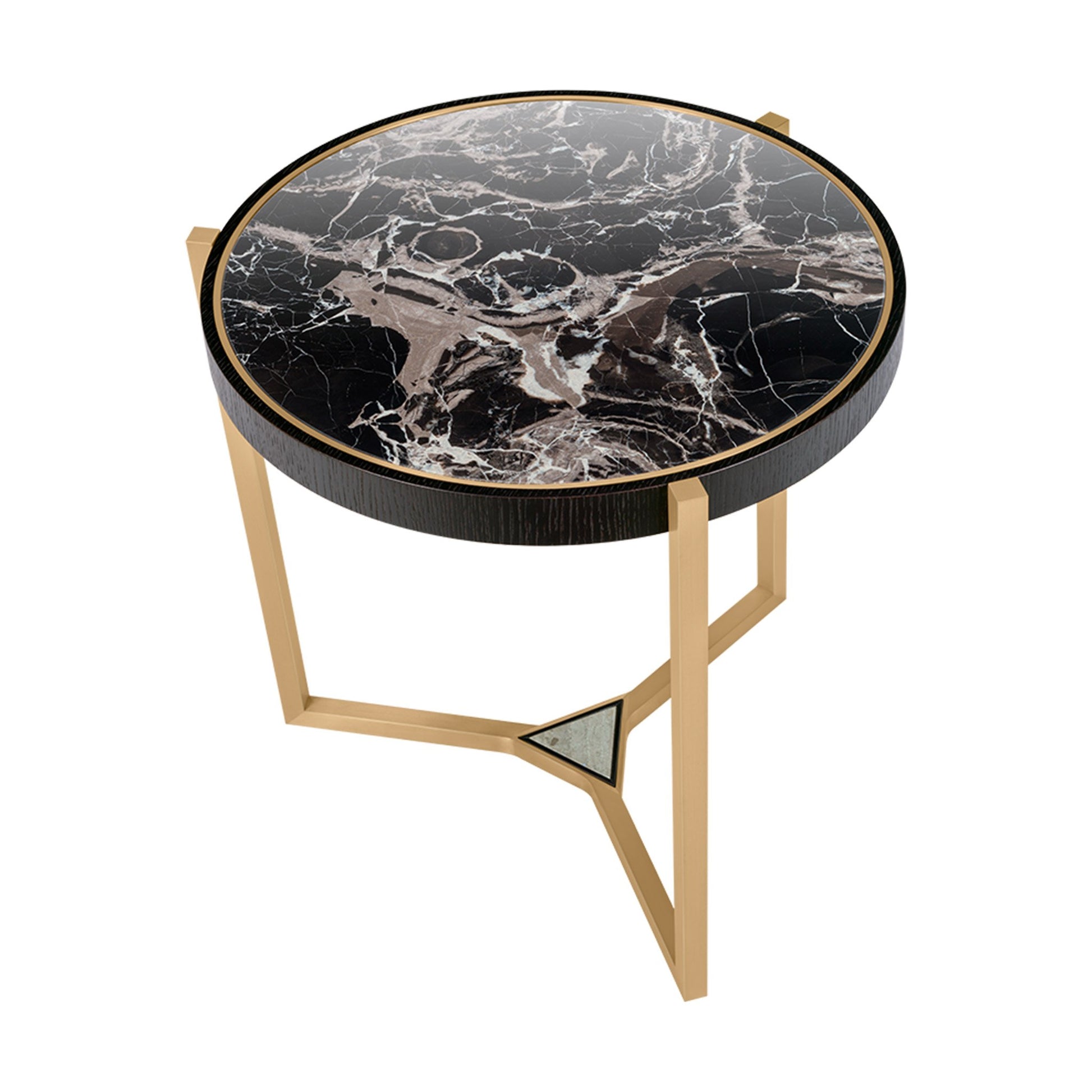 larger nesting table with a brushed brass frame and a black and gold marble centre inlay