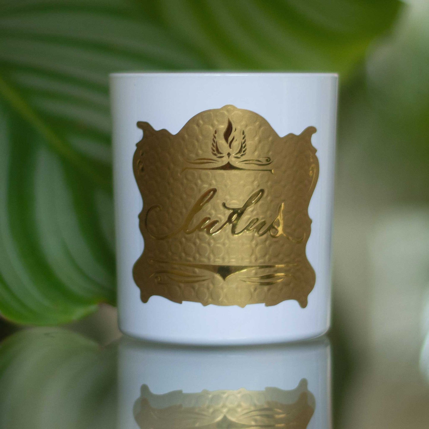 Lifestyle image of luxury Wild FIg scented candle. Shown in a white jar with a gold label and a green foliage background.