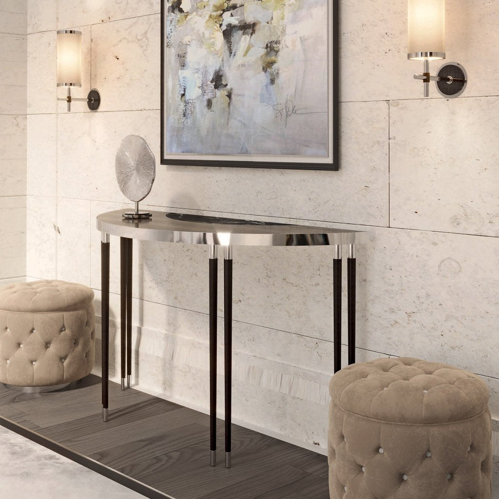 Luxury wood half moon console table in luxury home