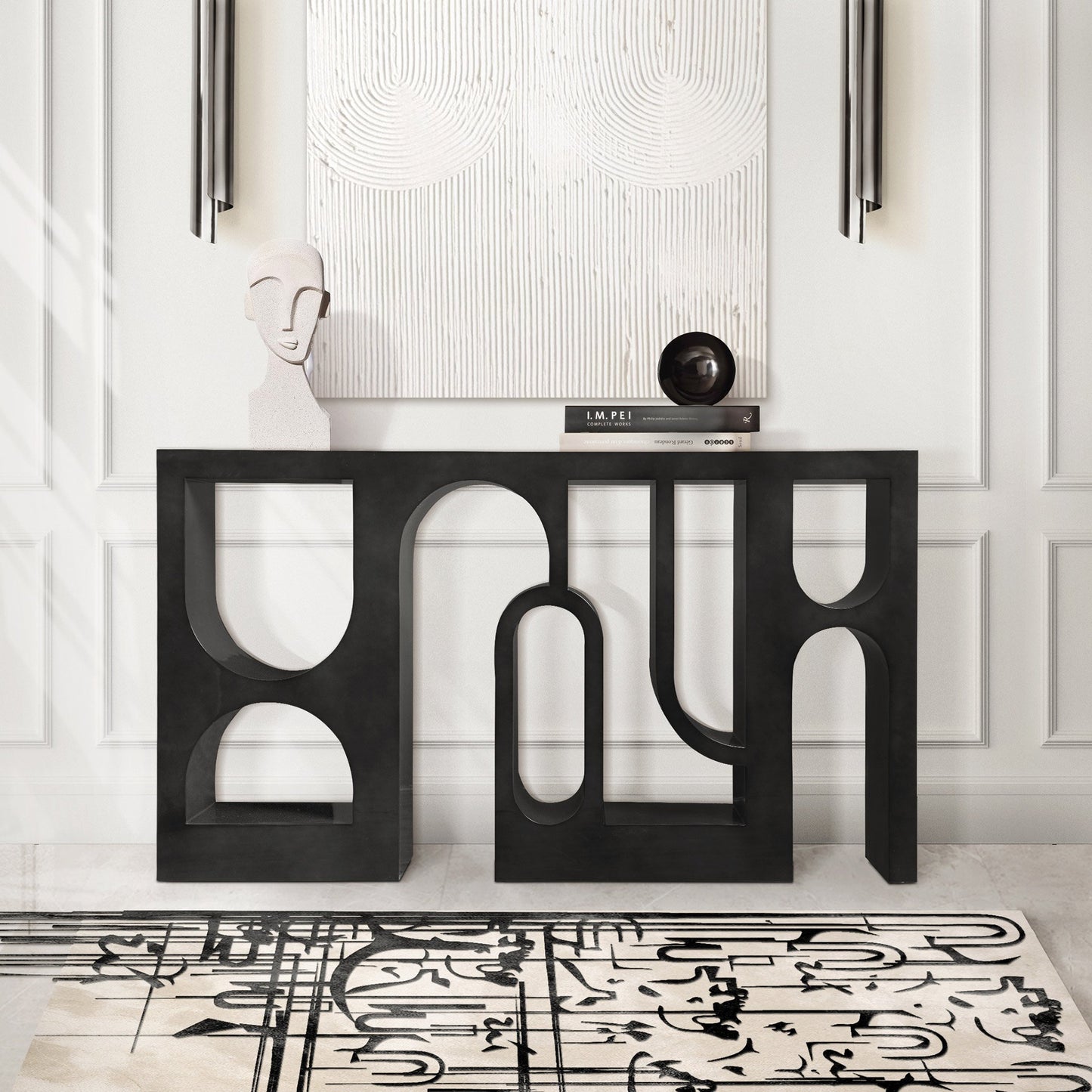 lifestyle shot of the black console table in a luxury home