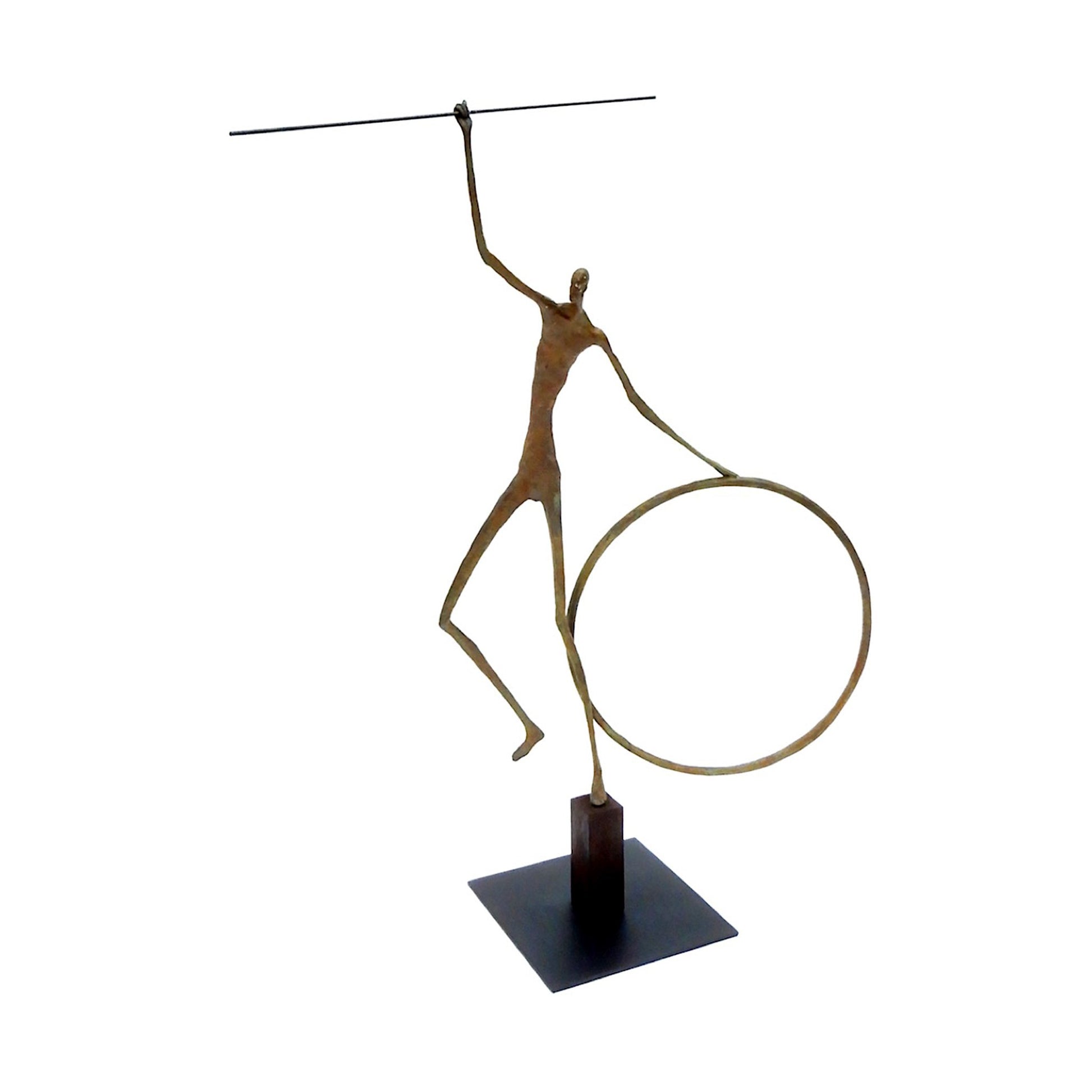 Luxury bronze Giacometti style figure with hoop and stick. Displayed on a square bronze base.