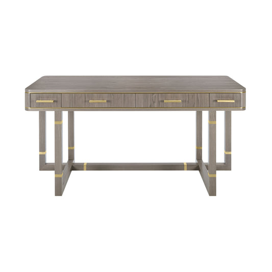 Luxury wood desk with metallic details. The wooden frame with metallic detailing is equipped with ample storage space for all your work accessories, a stylish addition to any work space.  Shown here with a satin close pore wood veneer box, drawer fronts and structure and brushed brass details.