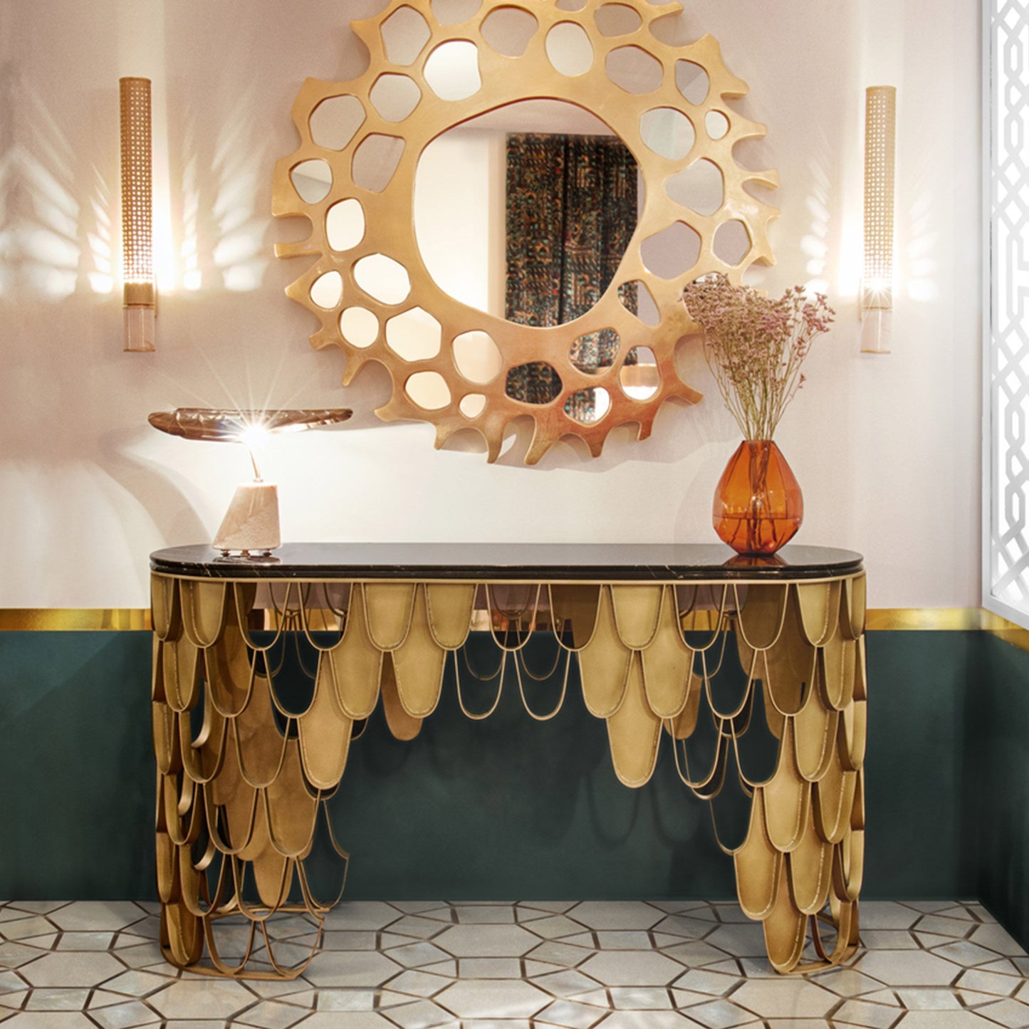 Marble top foyer table and gold brass in luxury house