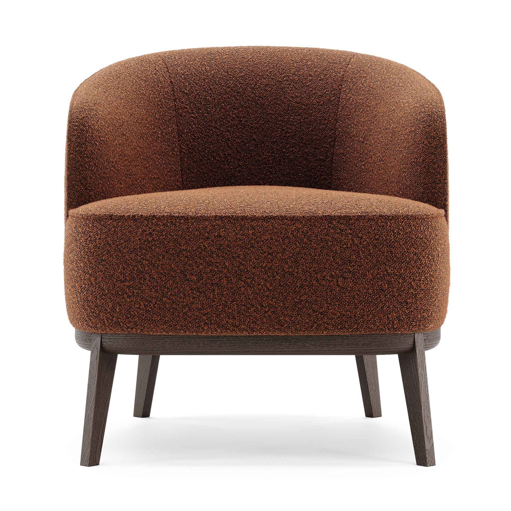 Modern and minimal tub style armchair in rust brown upholstery.