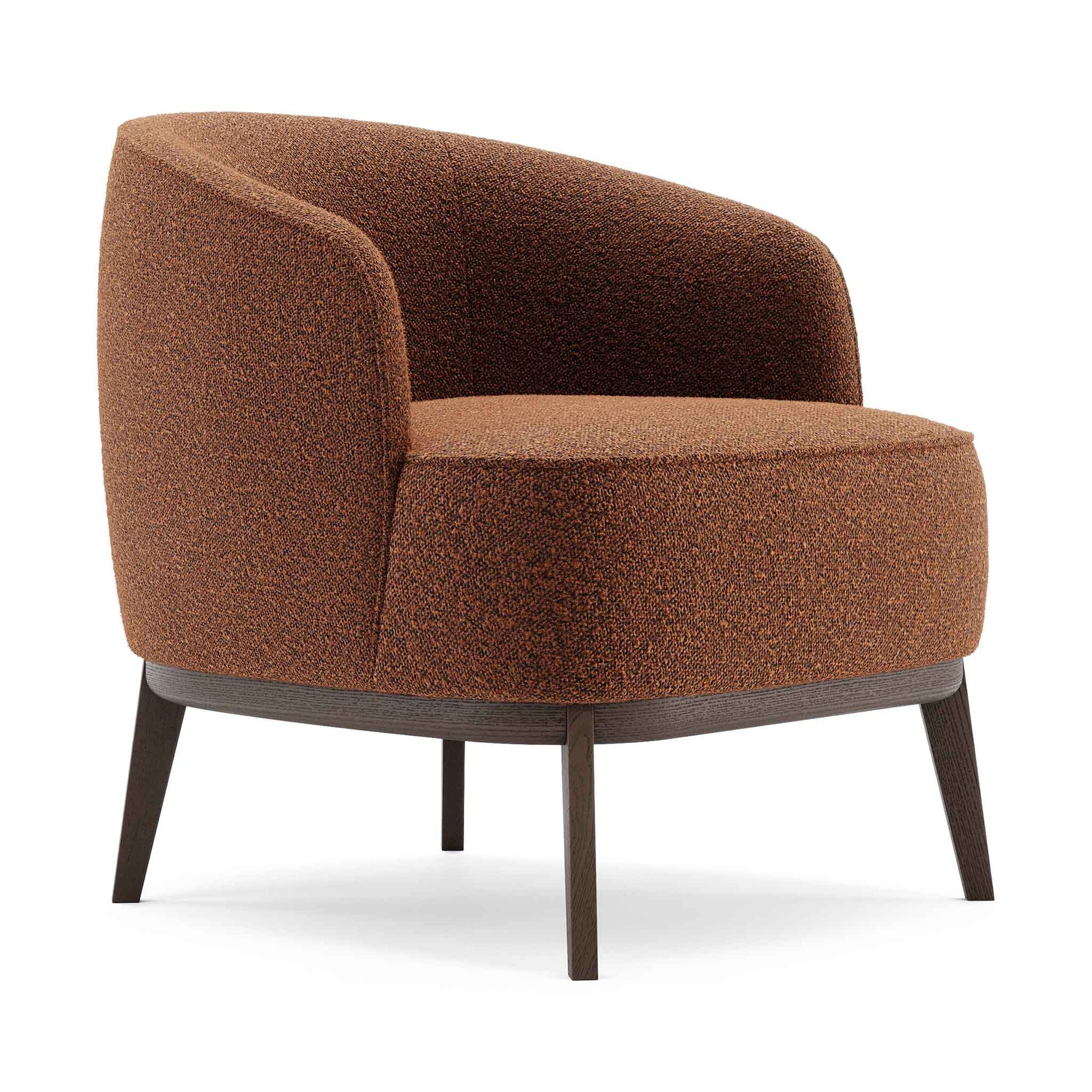 Modern and minimal tub style armchair in rust brown upholstery. Side view of armrest.