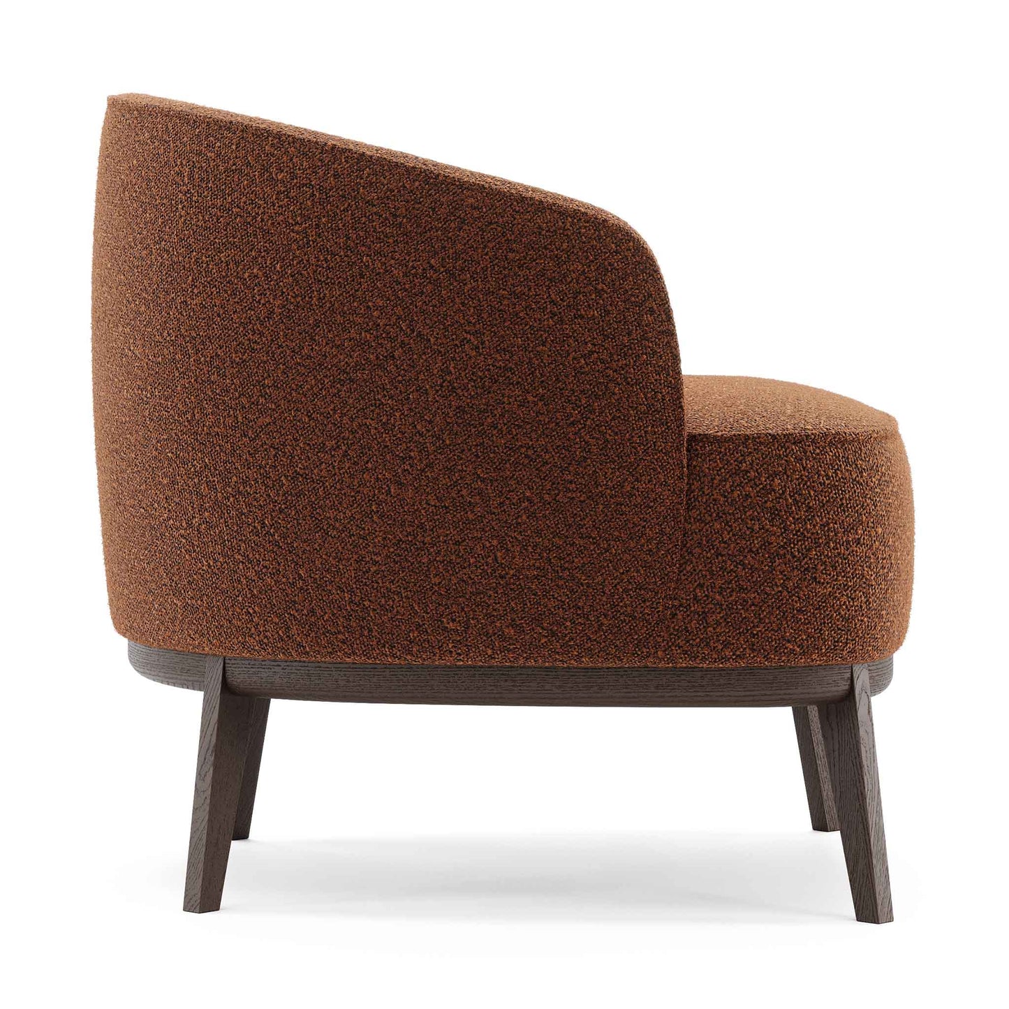 Modern and minimal tub style armchair in rust brown upholstery. Side view of armrest.