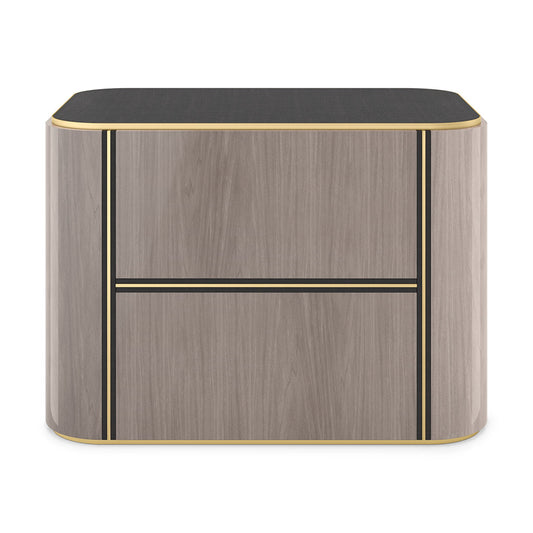 Sleek and minimal two tone wood bedside table with brass inlay