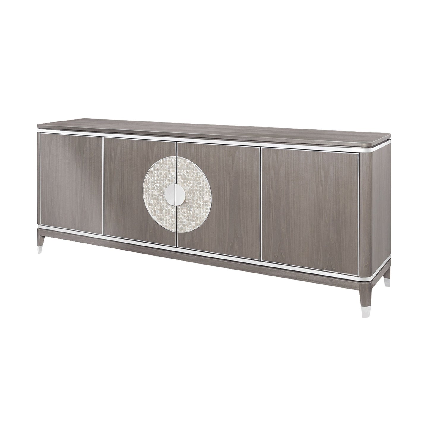 luxury four door sideboard with high gloss light wood veneer and stainless steel and mother of pearl detail and inlay.