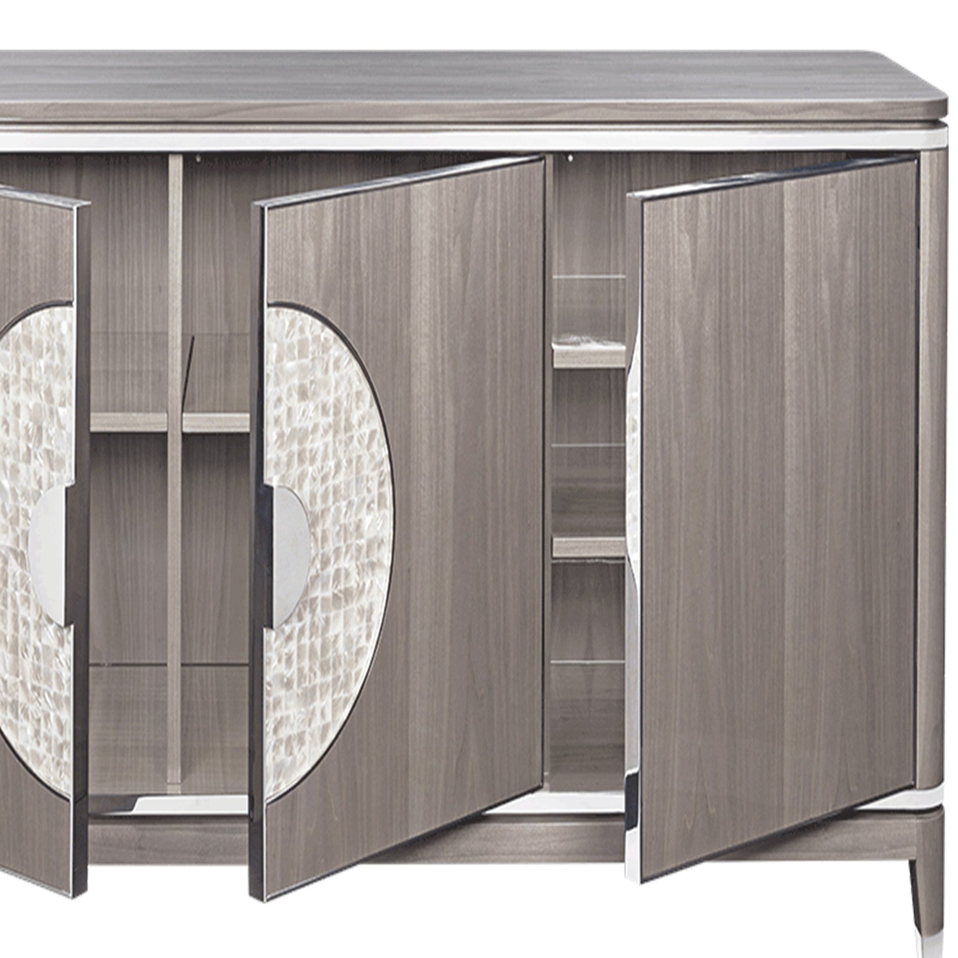 Luxury sideboard with high gloss light wood veneer and stainless steel and mother of pearl detail and inlay. Shown with open doors.