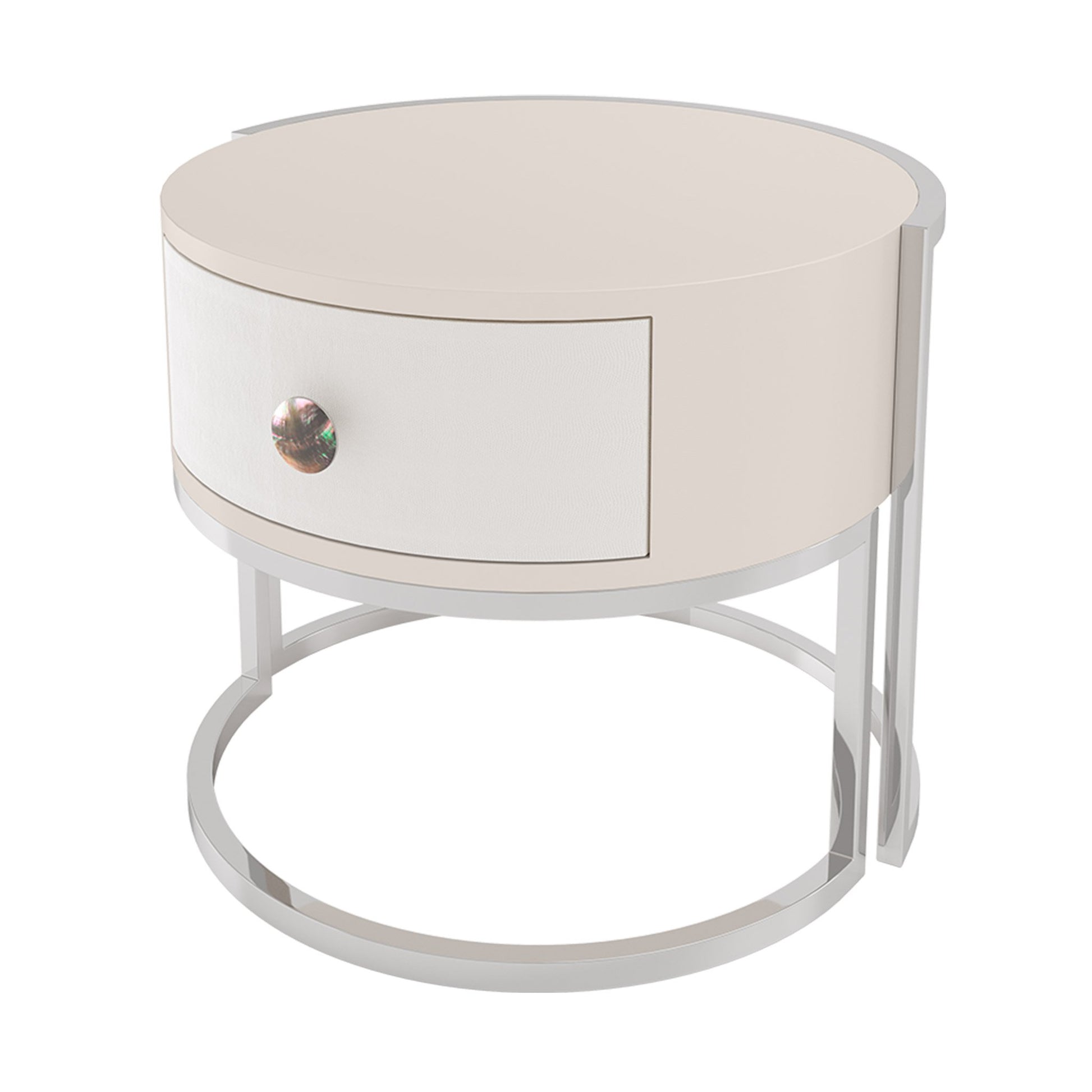 Side view of the circular high gloss bedside table in a pale pink, with a leather finished drawer front and set of a polished stainless steel frame