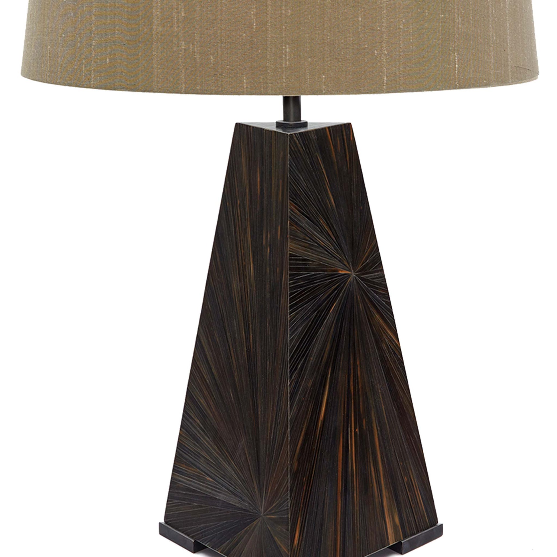 Close up deep brown and black toned straw marquetry pyramid lamp base