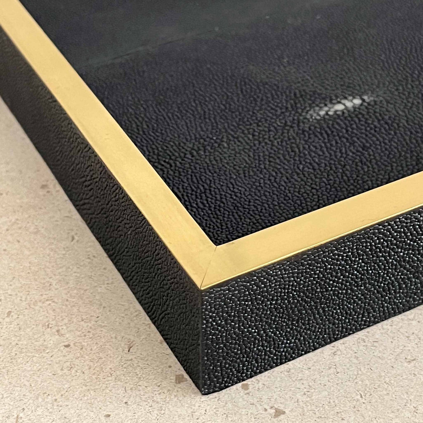 Close up of black luxury shagreen tray with brass trim 