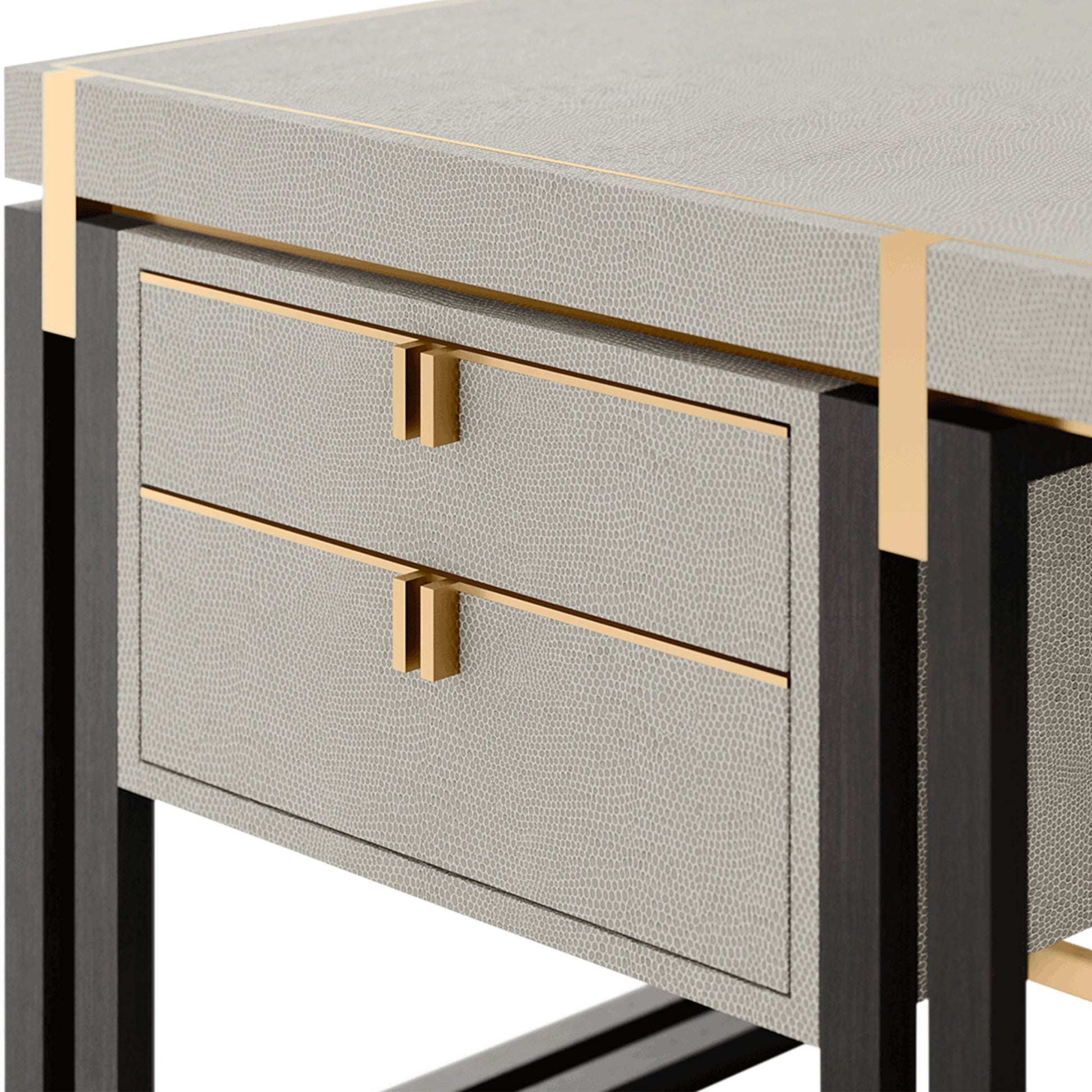 Drawer detail of rectangular long desk with drawers. The desk combines a long rectangular top with bronze mirror inlay and a high gloss close pore wood veneer structure featuring double legs trimmed in polished stainless steel which creates the perfect sleek silhouette.