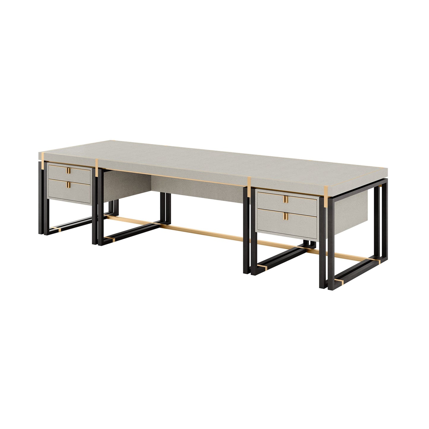 Isometric view of rectangular long desk with drawers. The desk combines a long rectangular top with bronze mirror inlay and a high gloss close pore wood veneer structure featuring double legs trimmed in polished stainless steel which creates the perfect sleek silhouette.