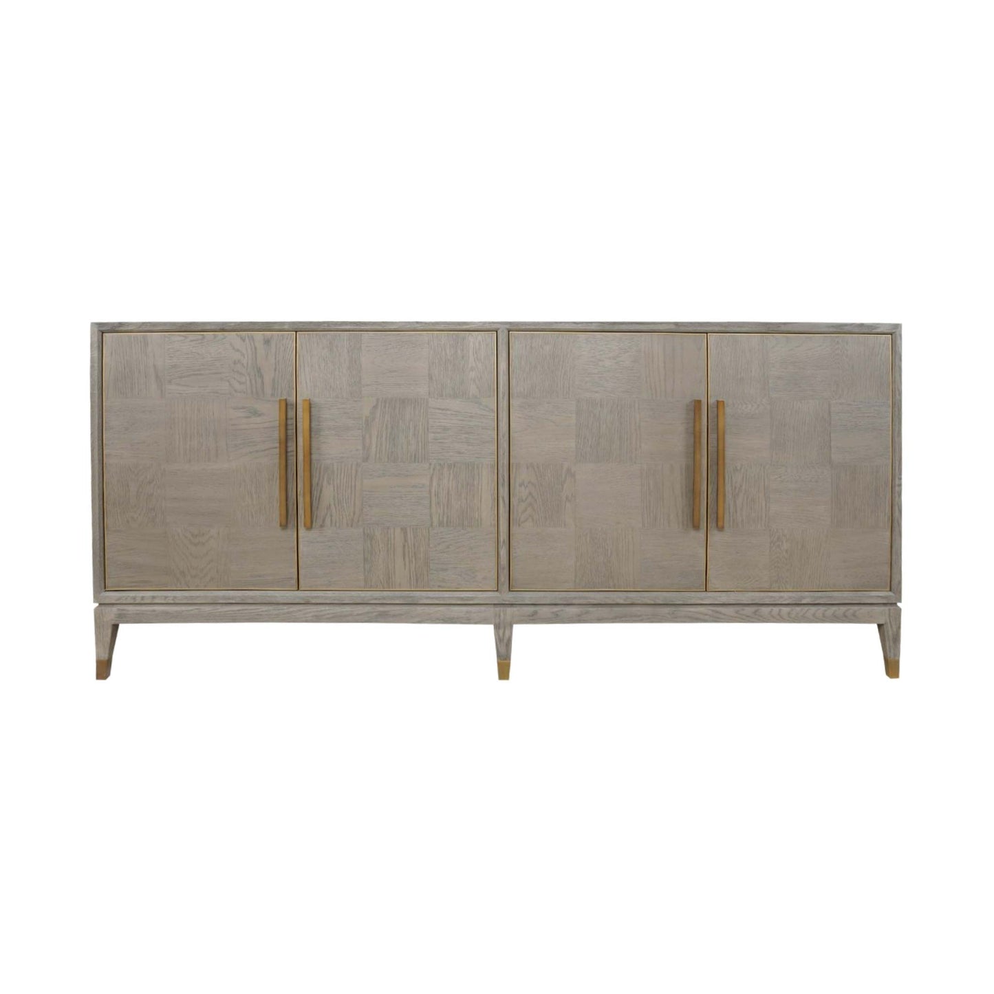 Light oak four door cabinet with long brass handles and brass feet