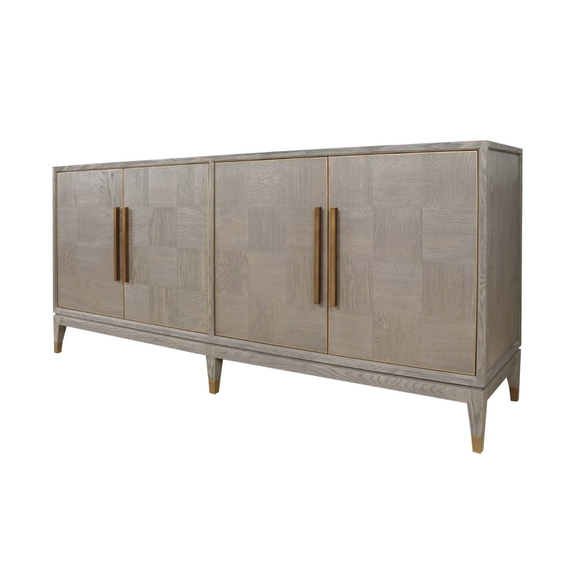 Light oak four door cabinet with long brass handles and brass feet