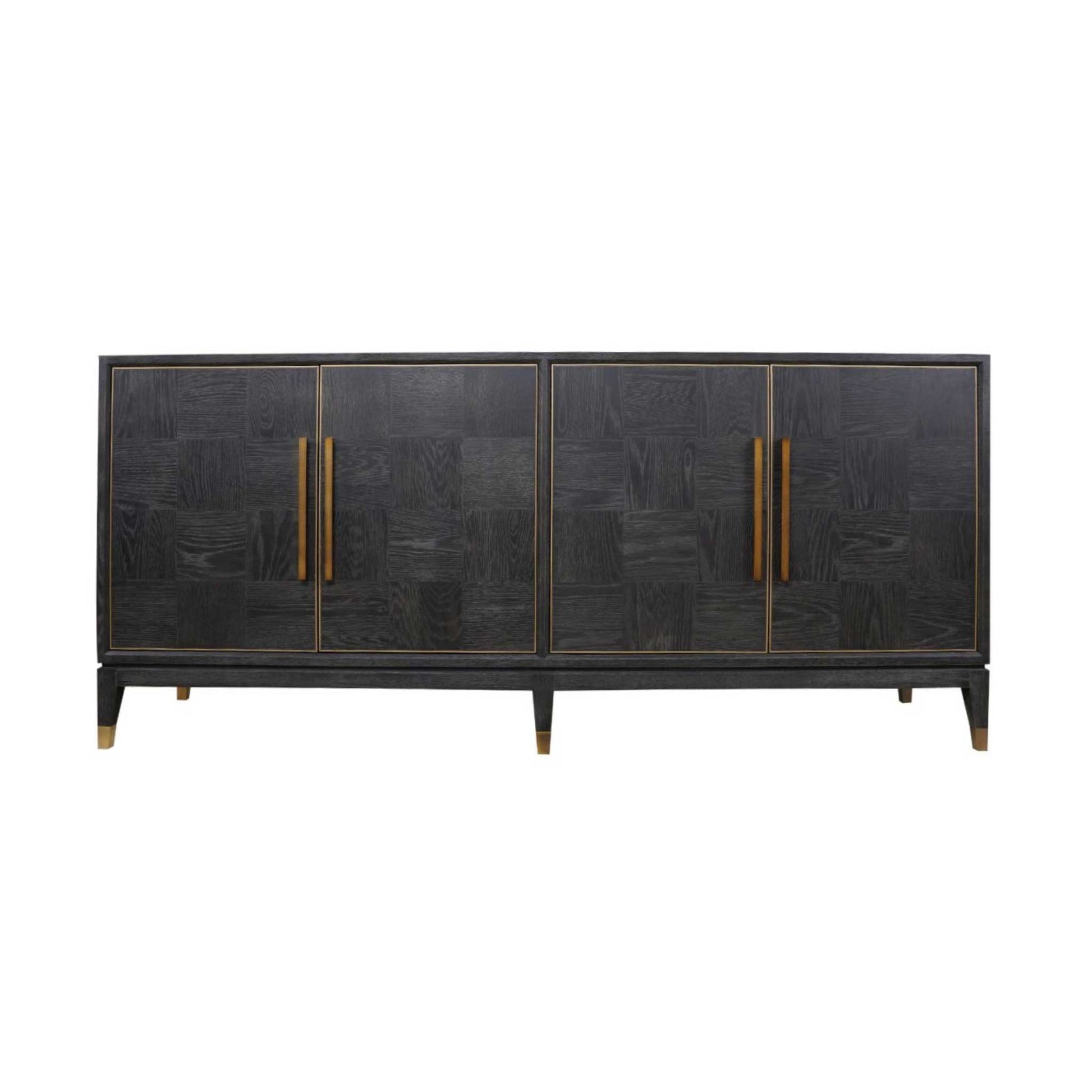 Dark oak four door cabinet with long brass handles and brass feet