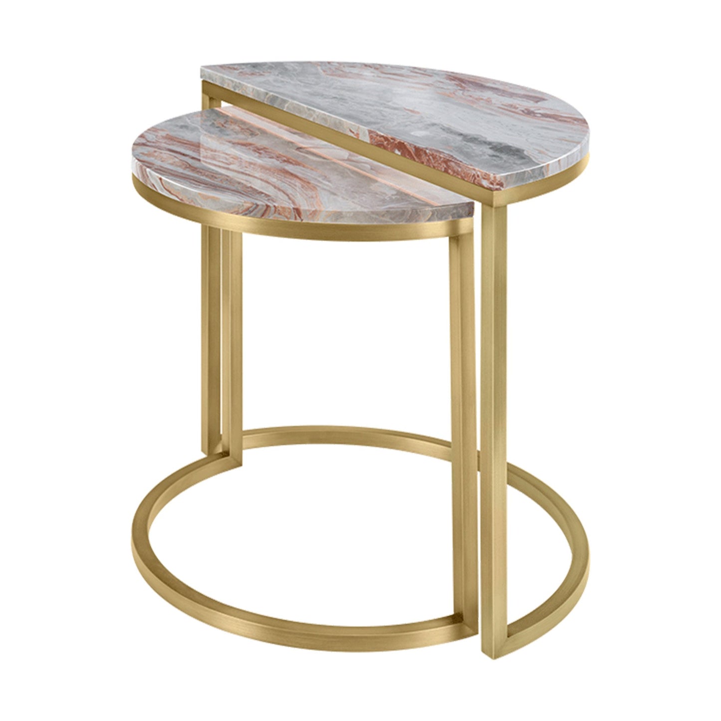 Split side table, with one half slightly taller than the other, with a rose-grey marble top and brushed brass structure.