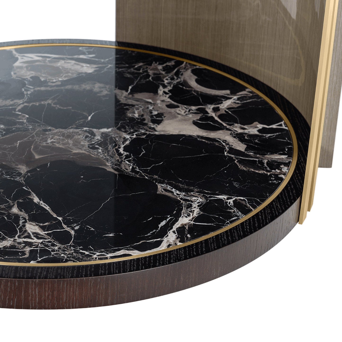 Luxurious round dining table with stone inlay marble bottom detail.