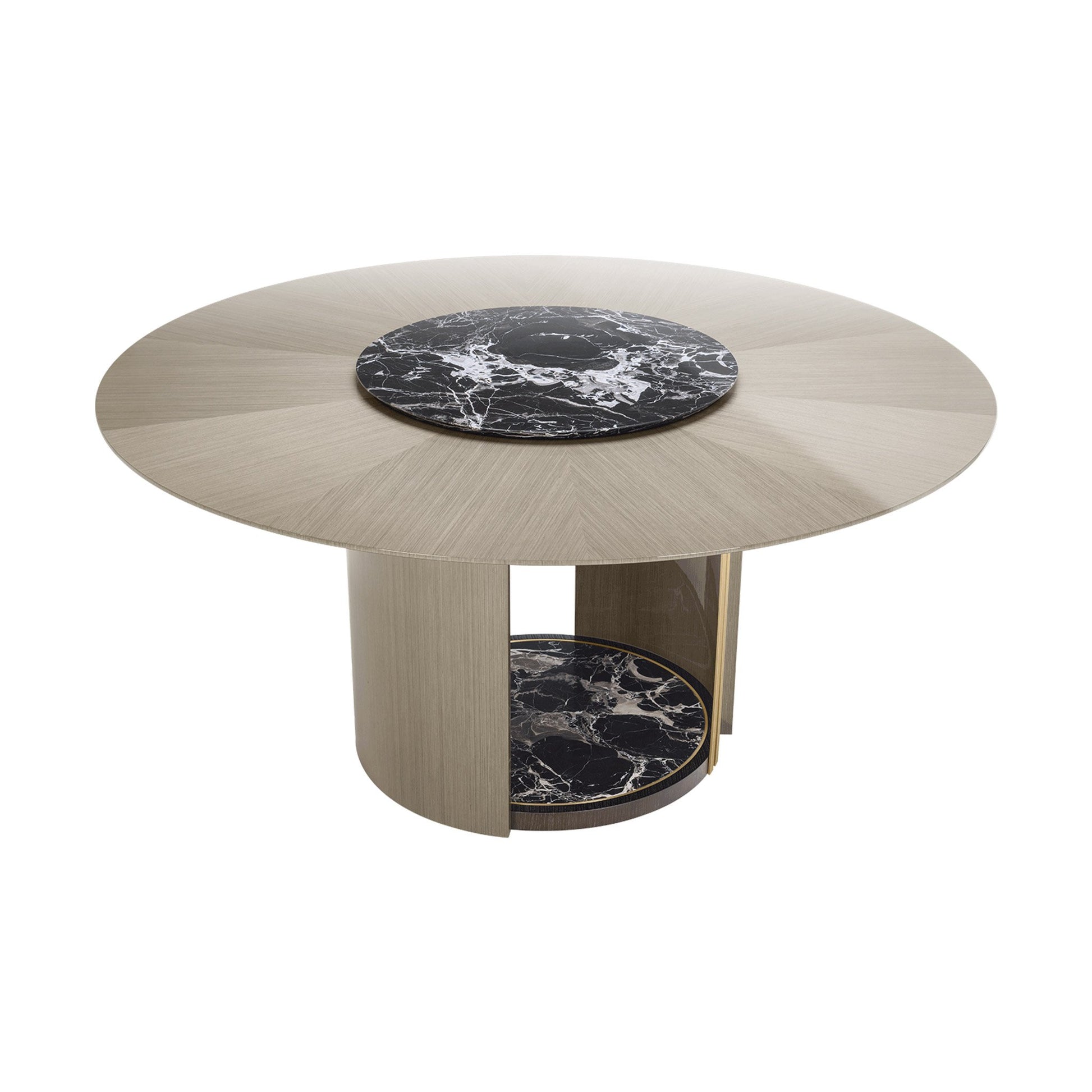 Top view of round dining table with stone inlay with a base of statin open pore wood veneer and brushed brass details.