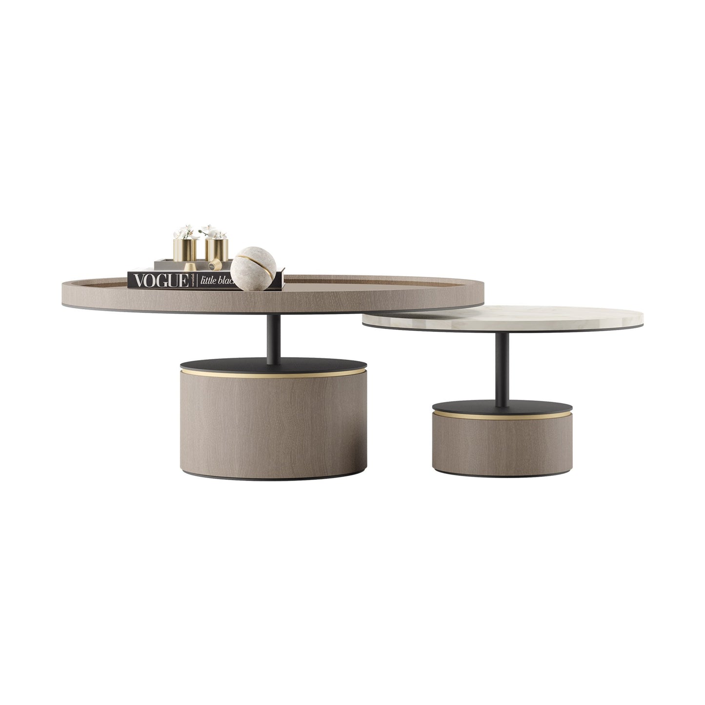 Two round nested coffee tables, one large and one small