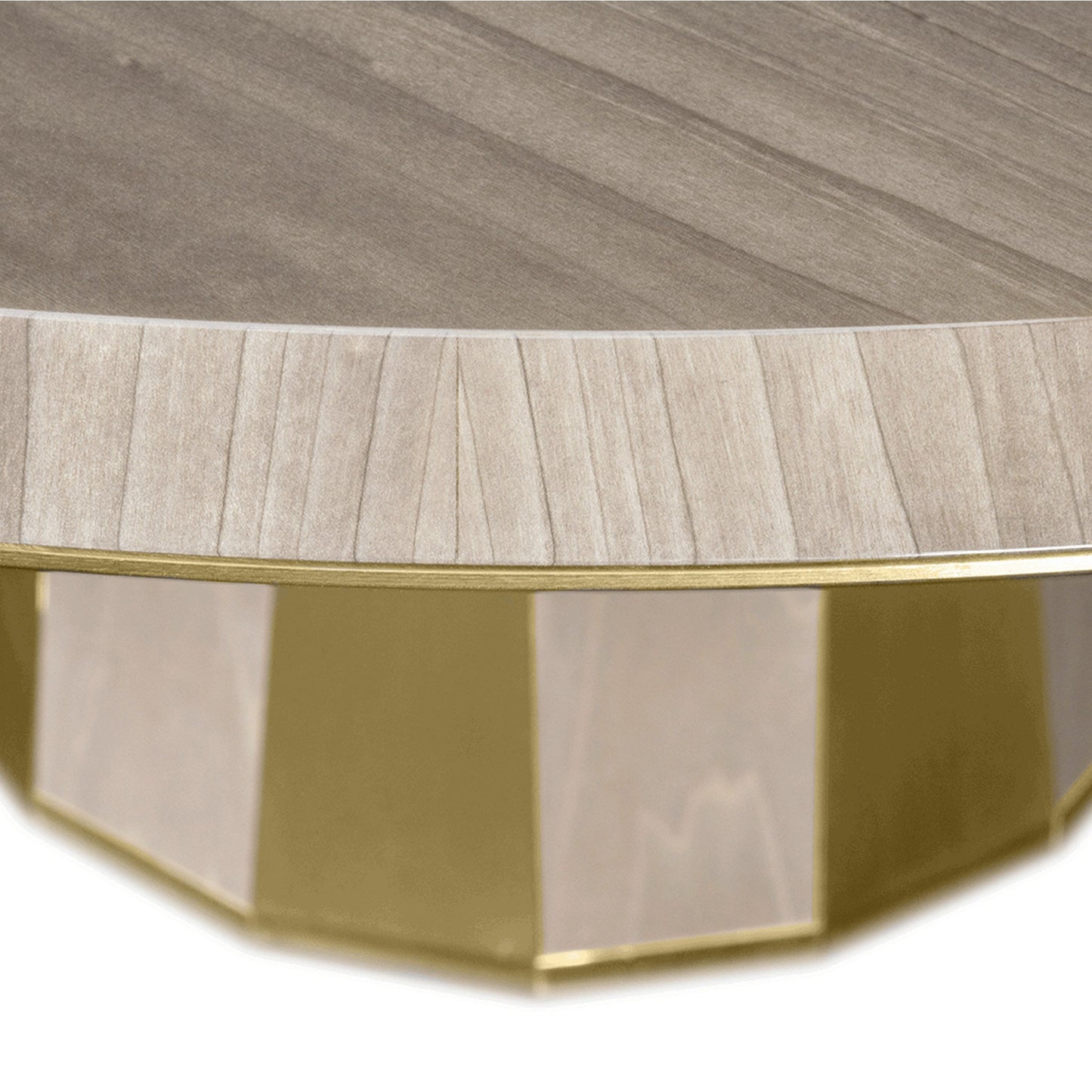 close up of the table top showing the high gloss wood veneer and brushed brass details.