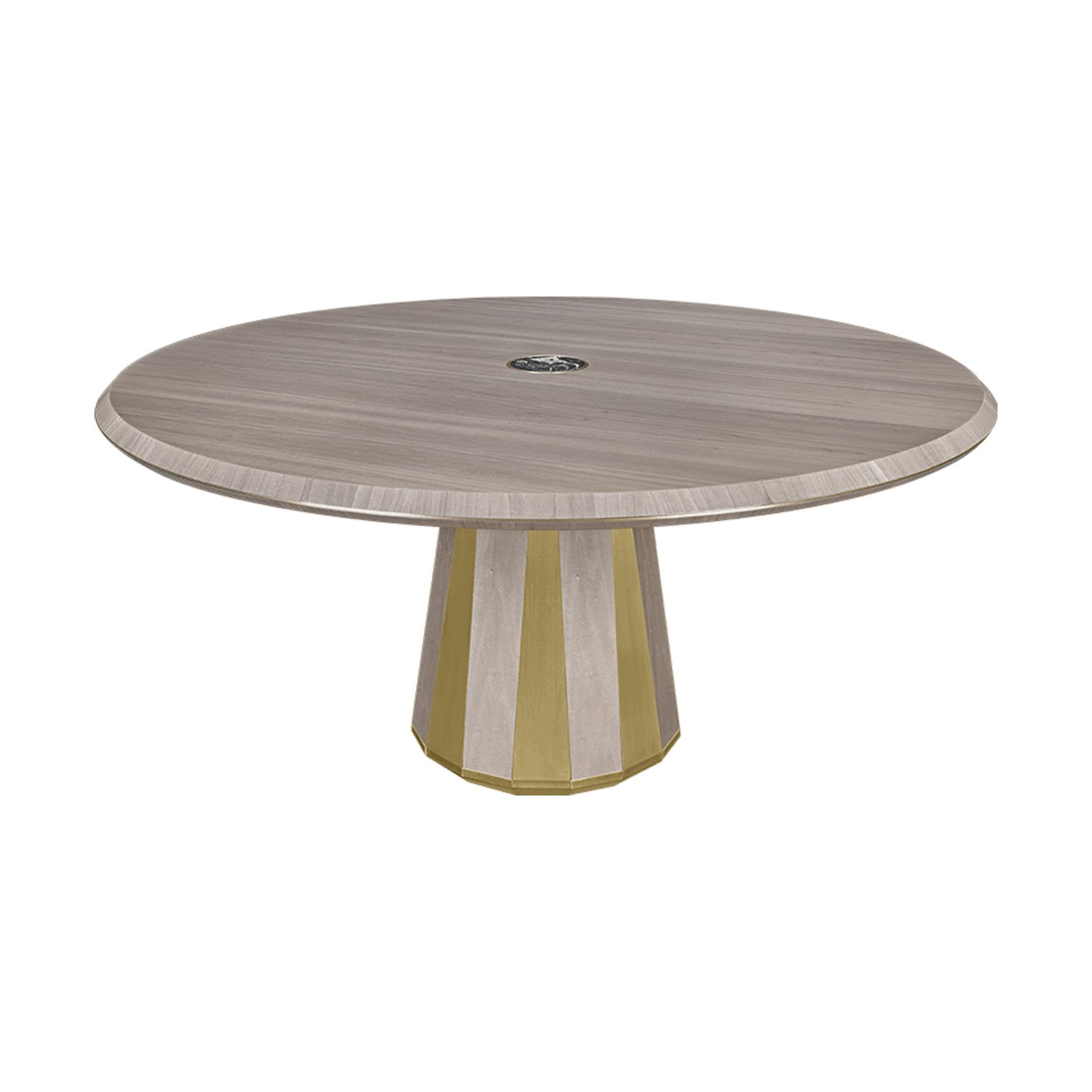 Luxury Round wooden dining table with wood veneer top,  marbled centre inlay. and the base a fusion of wood veneer and brushed brass