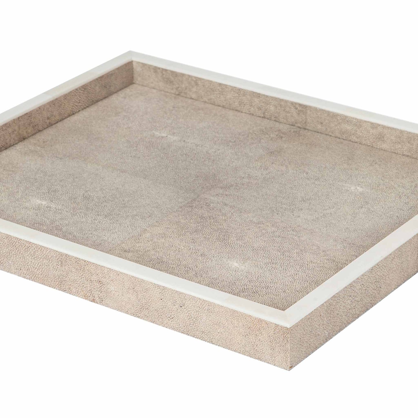 Close up of natural shagreen rectangular tray with white bone trim 