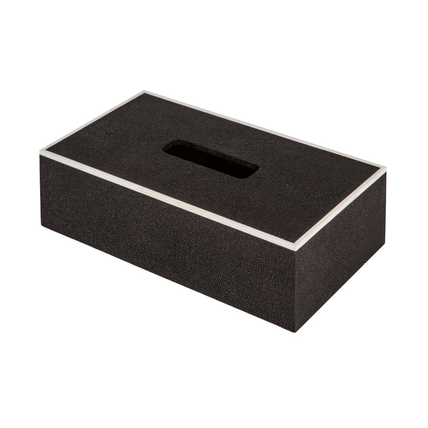 Rectangular black shagreen luxury tissue box with white bone trim