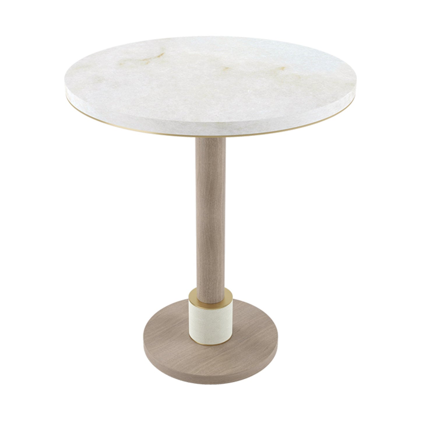 Round White marble stone top side table, with a wood veneer structure, leather detailing at the base, and additional brass elements.