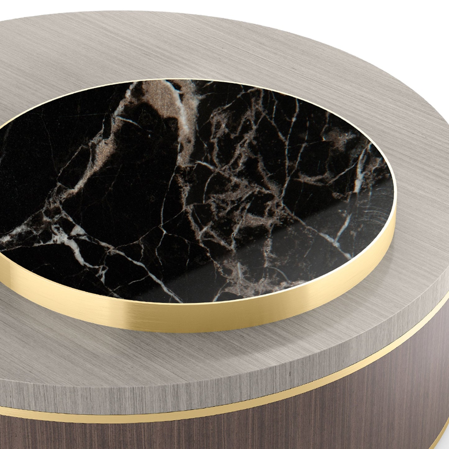 close up image of the round coffee table showing the black marbled stone inlay raised surface on the table top