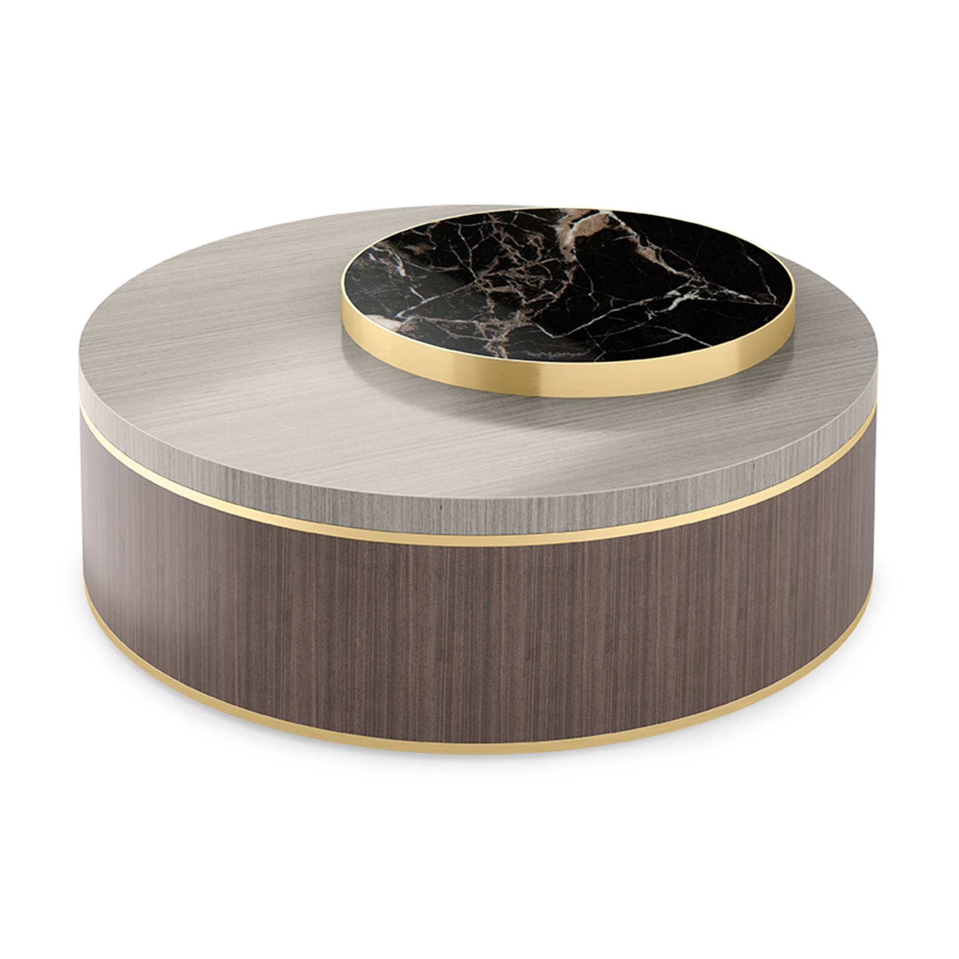 Designer round coffee table consisting of two high gloss wood veneers and a black marbled stone inlay raised surface, with brushed brass accents