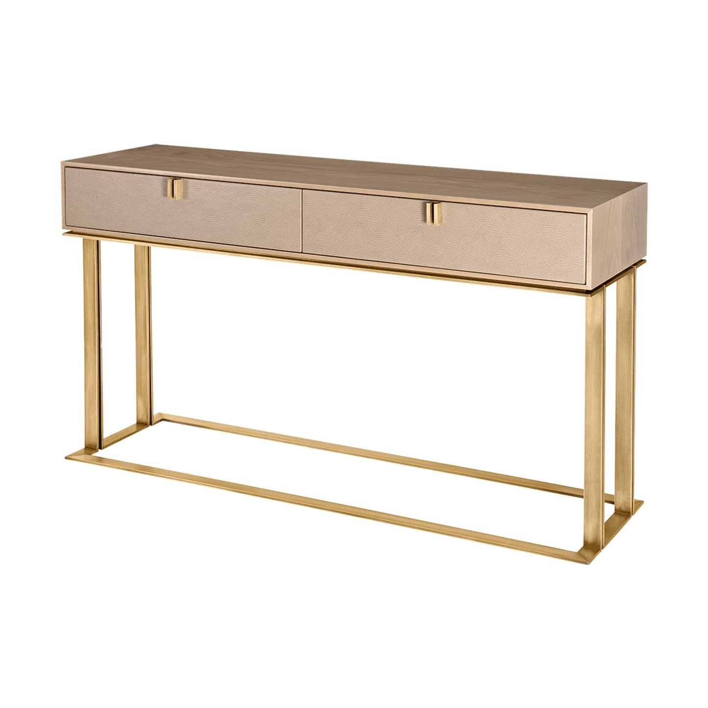 contemporary satin wood veneer console table with a brushed brass structure and two drawers finished in leather