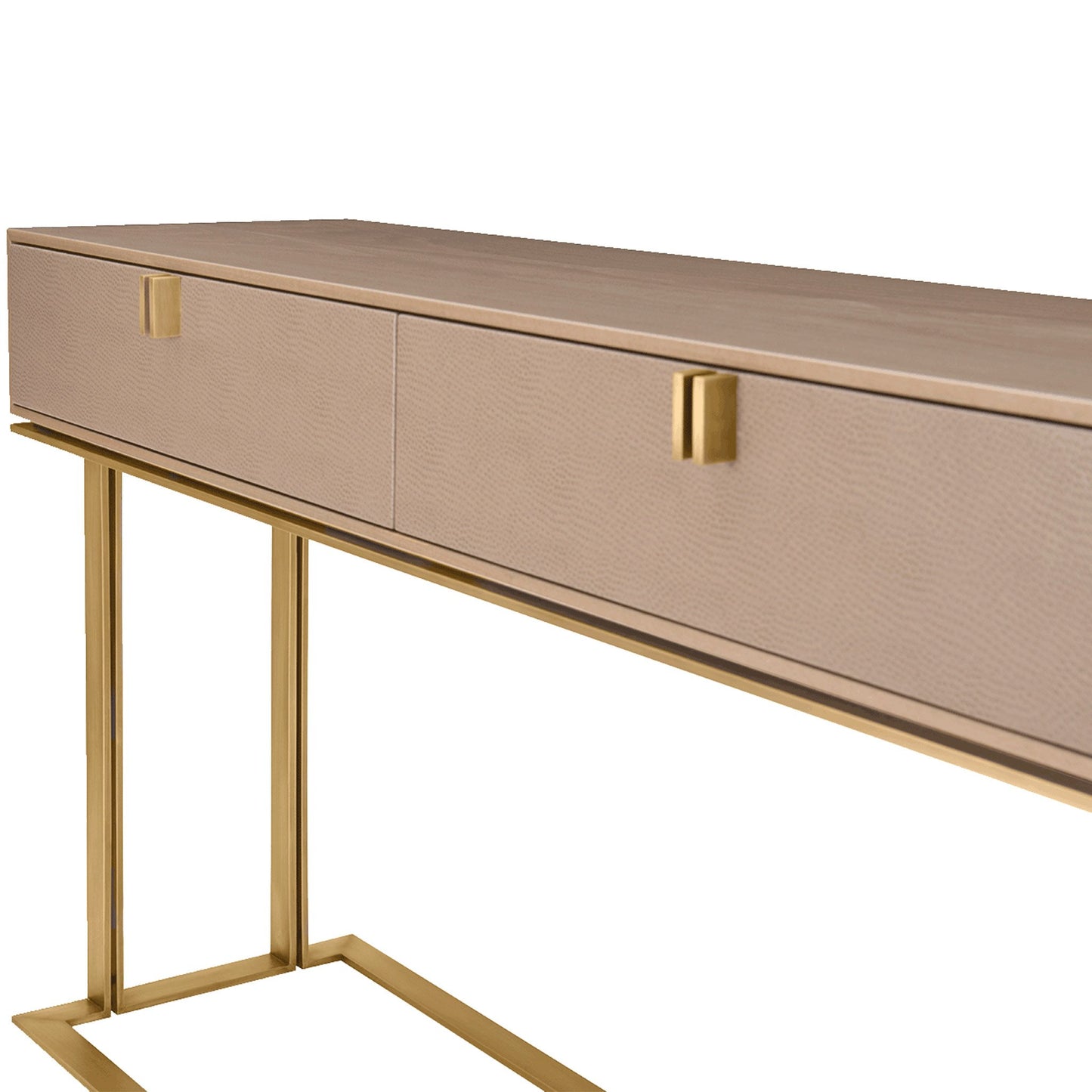 close up image of the wooden console table showing the detailing of the leather finished drawers and brushed brass handles