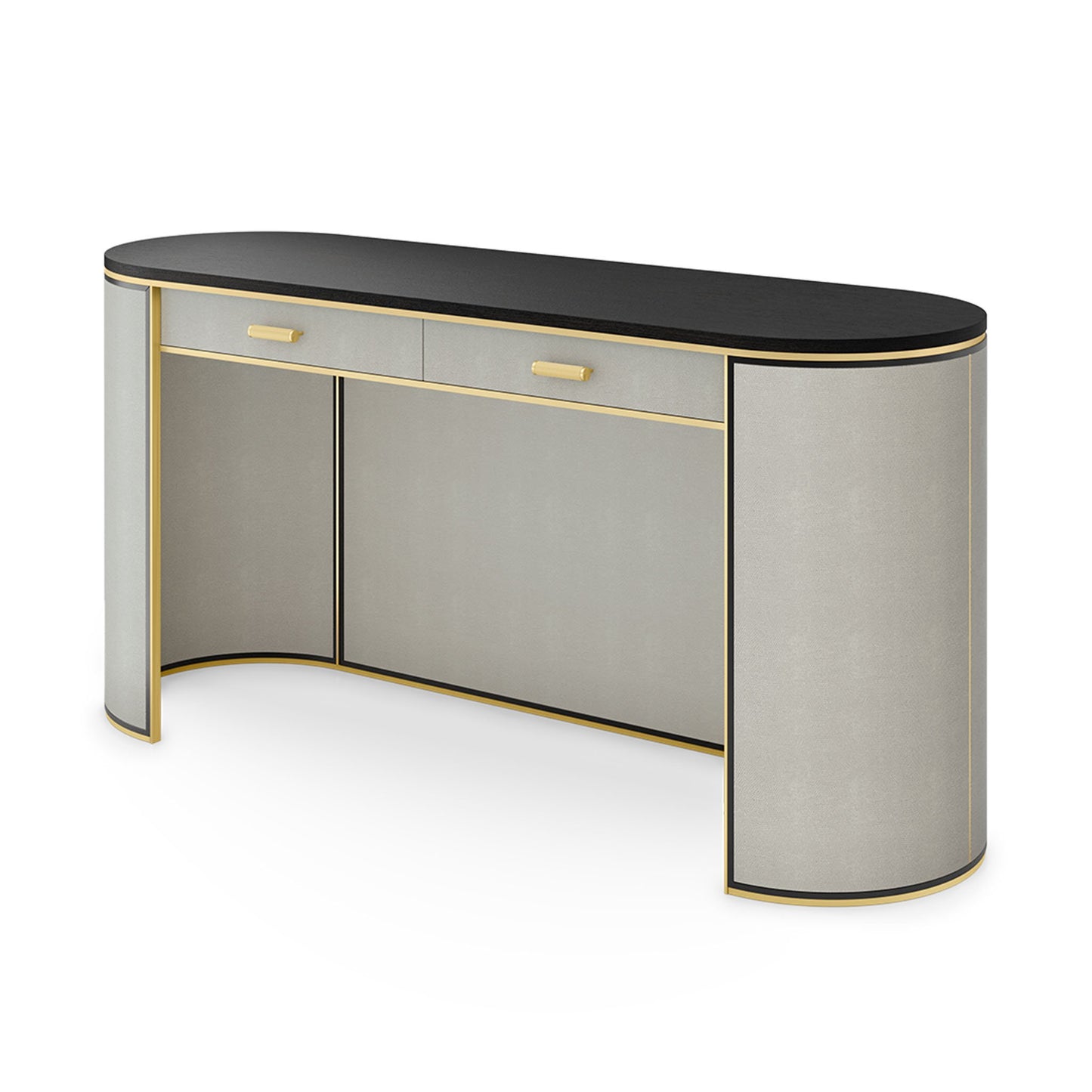 Isometric view of wooden writing desk with drawers. A beautiful and striking curved piece, the Kent desk cleverly incorporates storage, elegant details and a large work top space.