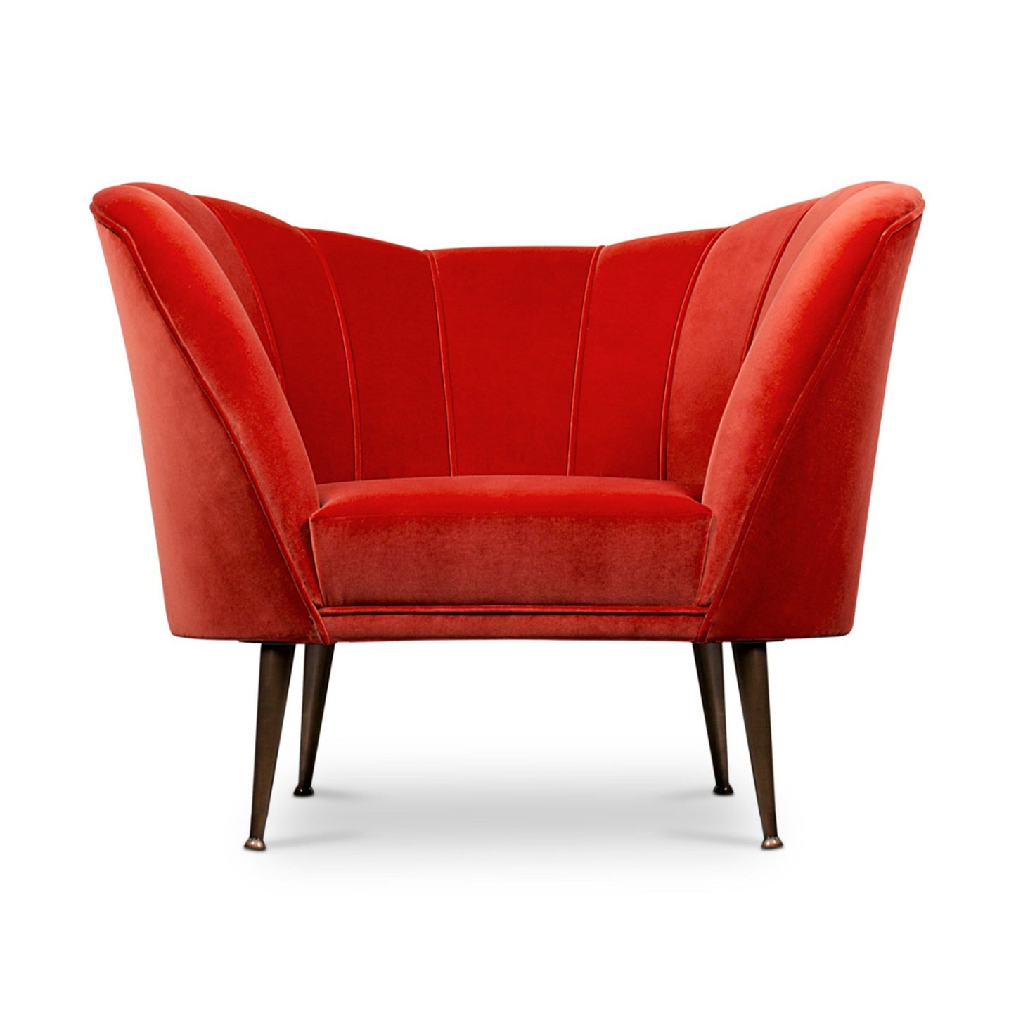 a mid-century modern red luxury velvet upholstered armchair with matte aged brass legs